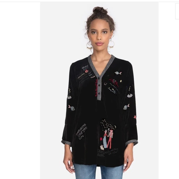 JOHNNY WAS Pete & Greta Geet Velvet Embroidered Tunic in black - Picture 2 of 16